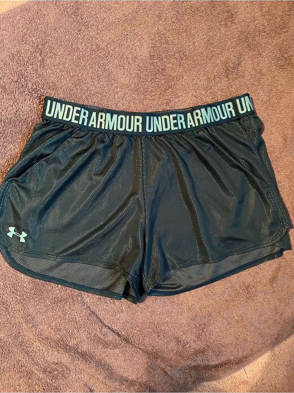 Under Armour Blue/Green metallic  Mesh Athletic Shorts with Logo Waistband